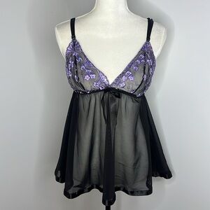 Black Sheer Mesh Babydoll Lingerie Tank Top Purple floral sequin embroidered